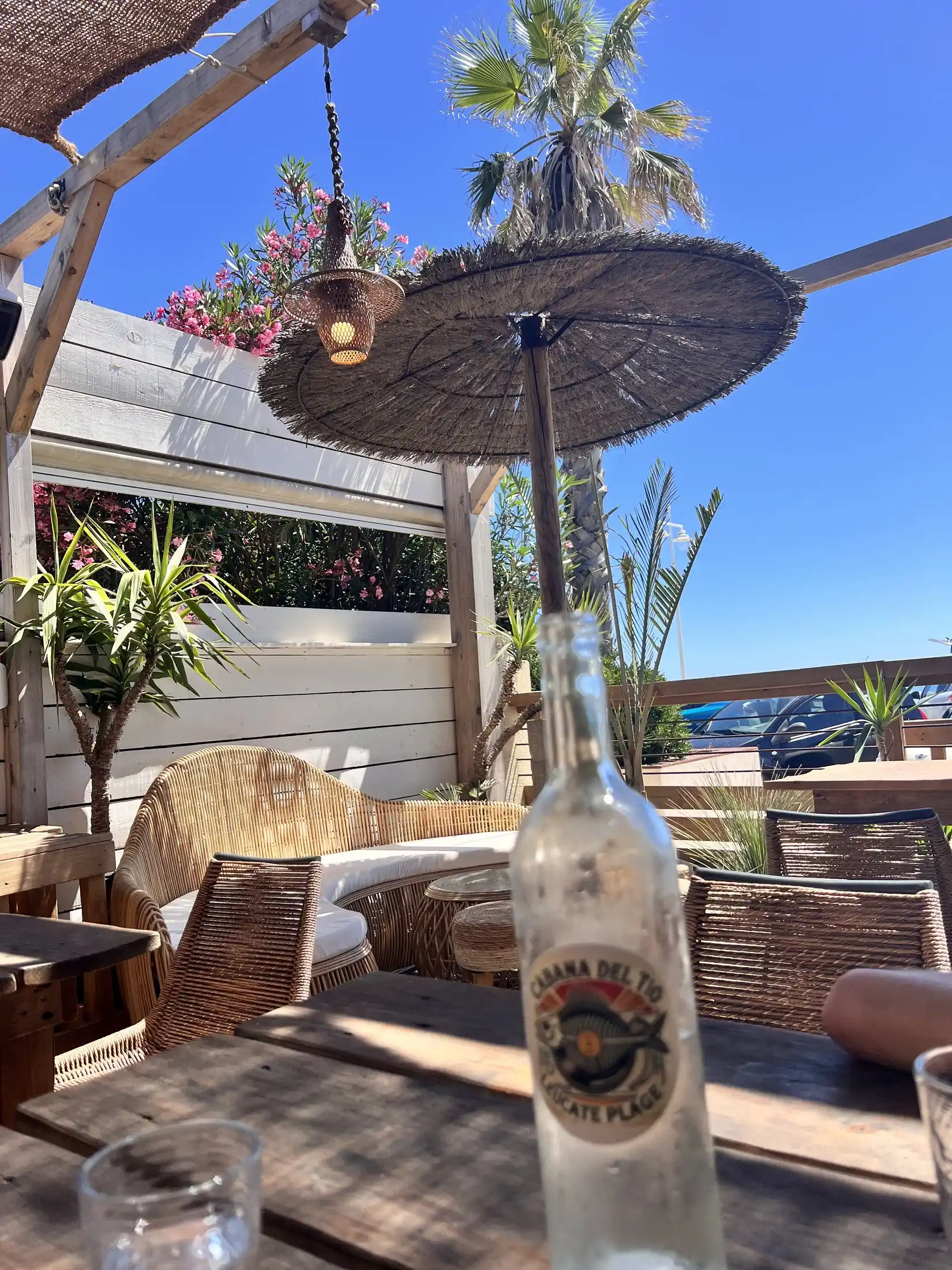 La terrasse du Cabana del Tio : tables à l'ombre d'un parasol en fibre, sous les palmiers